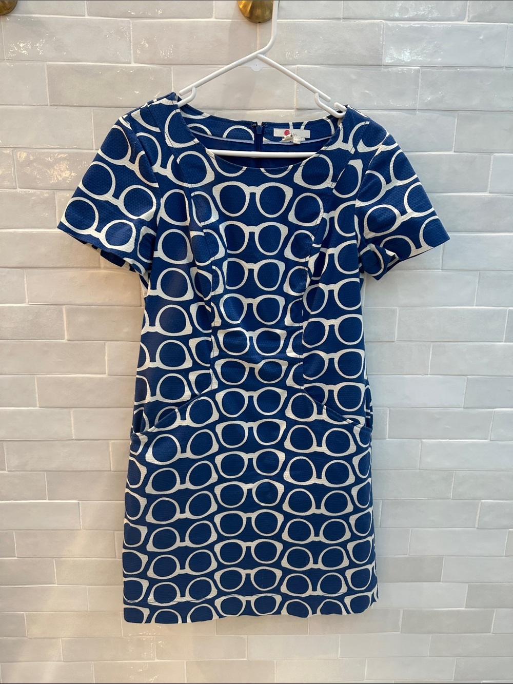 Boden Navy and White Eyeglasses Print Short Sleeve Shift Dress
